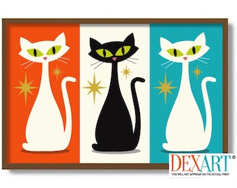 May include: Three stylized cats in a retro mid-century modern design. One black cat and two white cats are set against a background of orange, white, and turquoise.