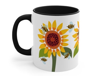 Honey Bee Coffee Mug, Sunflower Mug, 11oz Cup, Beehive Decor, Beekeeper Gift, Farmhouse Mug, Gardener Gift Idea