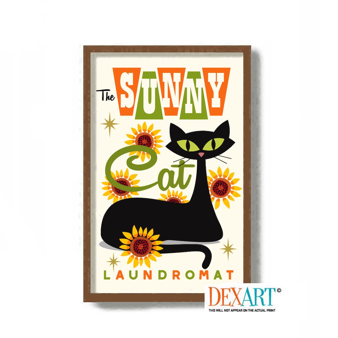 Sunflower Laundry Room Decor Cat Wall Art Atomic Cat Mid Etsy