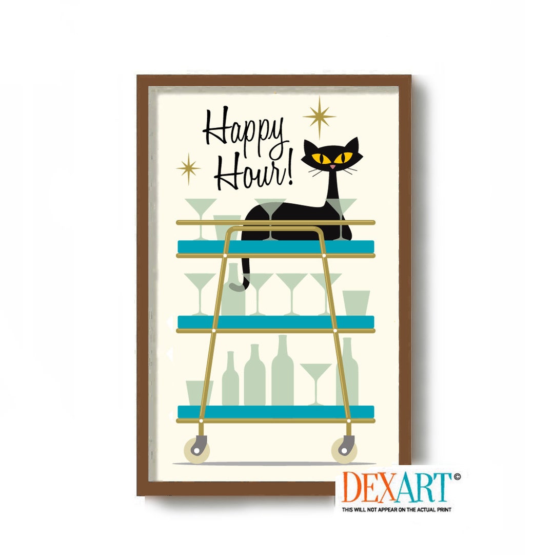 Mid Century Modern Bar Cart Art Print, Atomic Black Cat Art, Retro ...