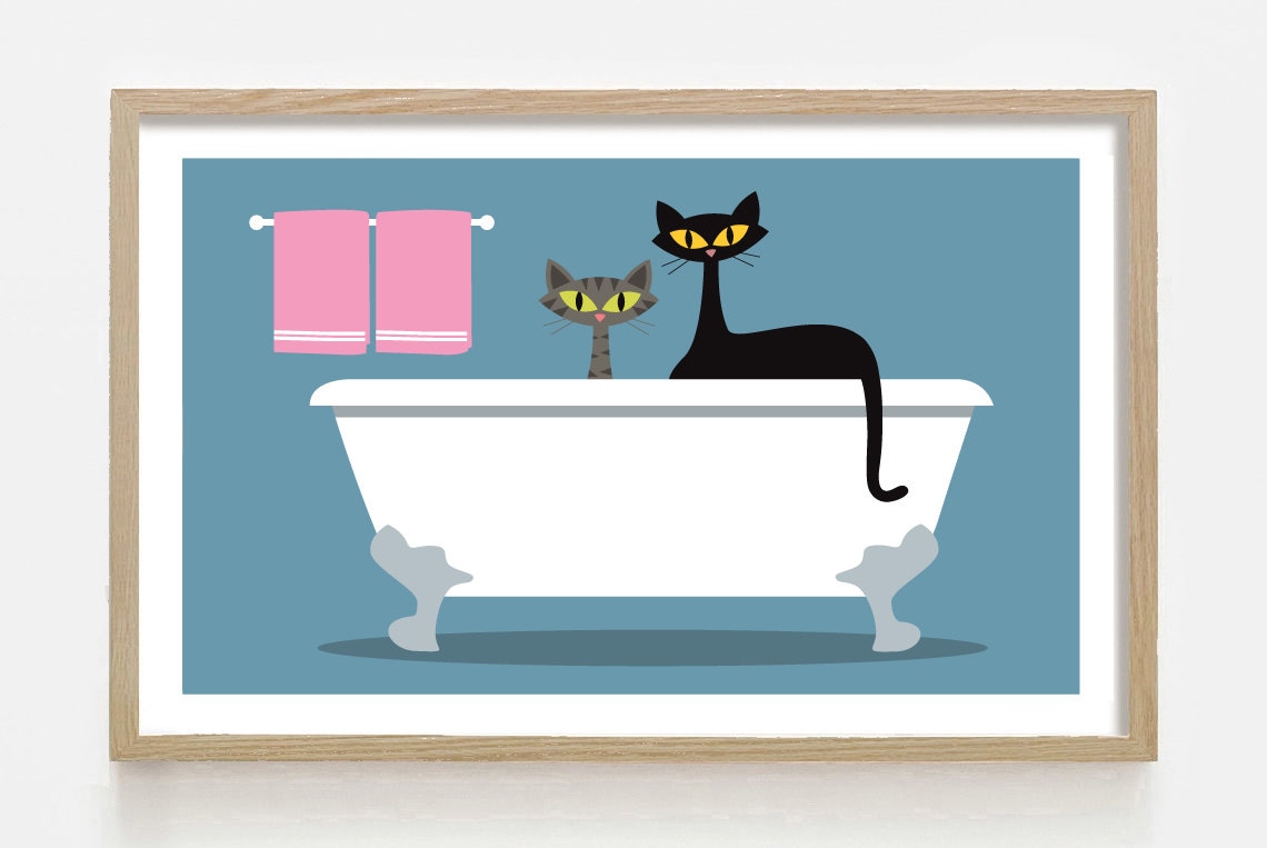 Cat Bathroom Decor Cat Art Print Mid Century Modern Art Etsy