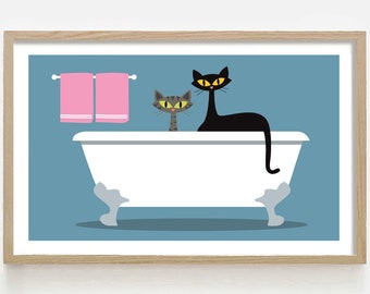 Cat Bathroom Decor Art Print, Mid Century Modern Wall Art, Black Cat Lover Gift Idea, Claw Foot Tub, Bathtime, Cat Poster, Funny Bathroom