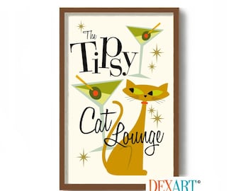 Atomic Cat Art Print, Mid Century Modern Cocktail Bar, Yellow Ginger Cat Art, Martini Glass, Bartender Gift, Tiki Bar Decor Alcohol Wall Art