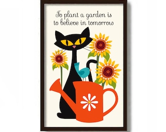 Sunflower Decor Art Print, Fairy Garden Cat, Gardening Gift, Gardener Gift, Mid Century Modern Art Print, Black Cat Lover Gift Watering Can