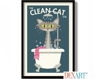 Tabby Cat Bathroom Art Print, Cat Lover Gift for Women, Cat Bath Decor Bubble Bath Gray Cat House Cat Bath Tub Cat Decor Wash the Cat