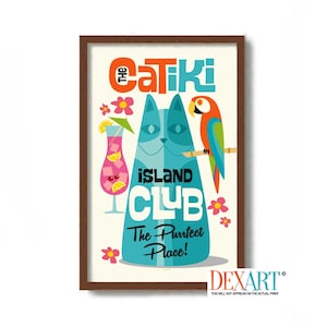 Cat Lover Tiki Bar Sign, Mid Century Modern Wall Art Print, Parrot Art, Cocktail Sign, Poster for Tiki Bar, Atomic Art, Tropical Drink