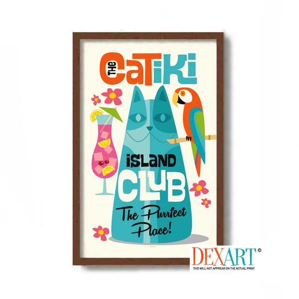 Cat Lover Tiki Bar Sign, Mid Century Modern Wall Art Print, Parrot Art, Cocktail Sign, Poster for Tiki Bar, Atomic Art, Tropical Drink