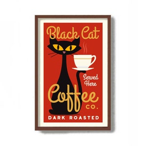 Mid Century Modern Art, 11x17 Print, Black Cat Print, Colorful Kitchen Wall Art Decor, Coffee Lover Gift, Black Cat Artwork, Cat Lover Gift