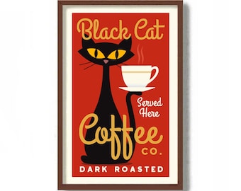 Mid Century Modern Art, 11x17 Print, Black Cat Print, Colorful Kitchen Wall Art Decor, Coffee Lover Gift, Black Cat Artwork, Cat Lover Gift