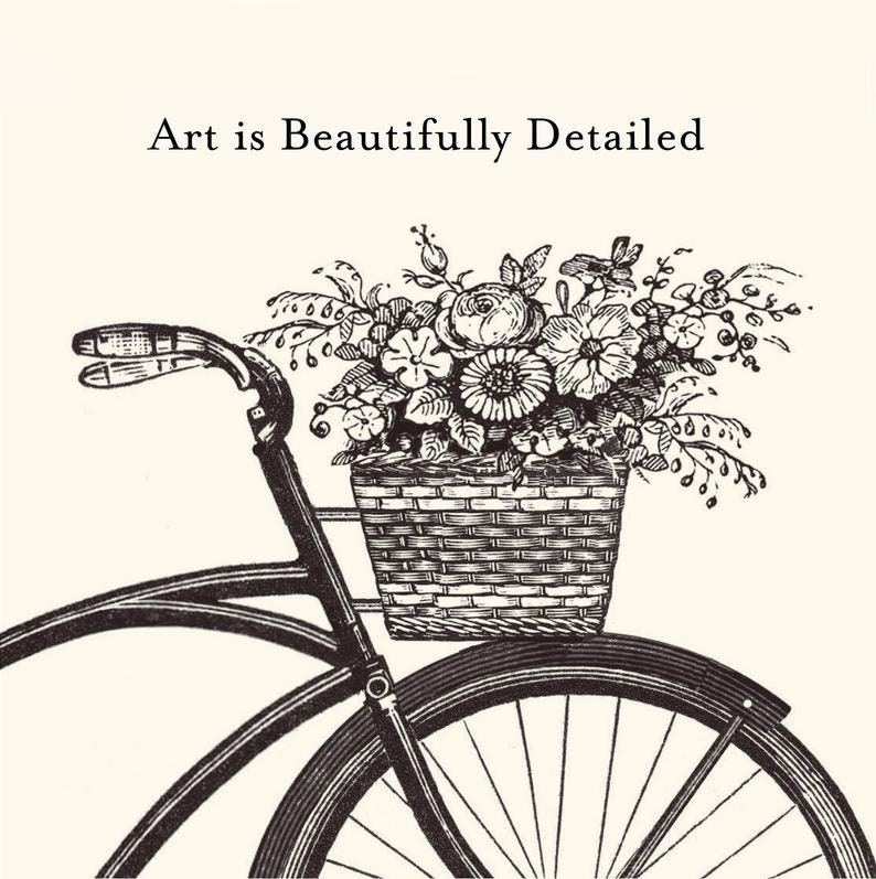 May include: Black and white illustration of a bicycle with a basket full of flowers. The text "Art is Beautifully Detailed" is above the bicycle.