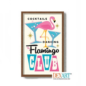 Pink Flamingo Decor, Mid Century Modern Wall Art Print, Cocktail Sign, Poster for Tiki Bar, Atomic Art, Rat Pack, Martini Glass