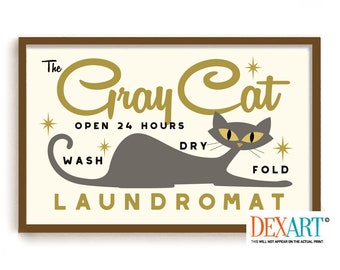 Laundry Room Decor Mid Century Modern Cat Wall Art Print, Atomic Cat Art, Retro Wall Art Gray Cat Art, Cat Mom, Washing Machine Laundry Sign