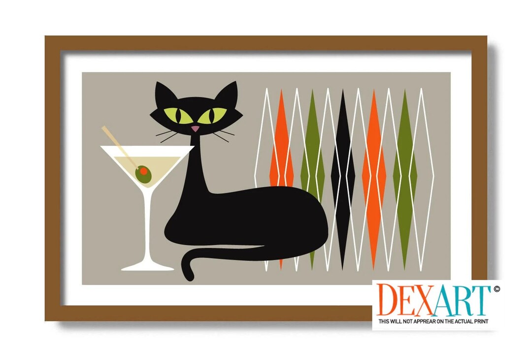 Mid Century Modern Art, Black Cat Art Print, Martini Art, Gin Gifts ...