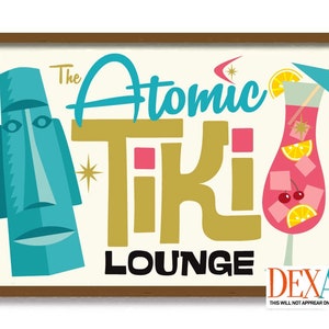 May include: A retro-style illustration of a tiki lounge sign with the text "The Atomic Tiki Lounge". The sign features a blue tiki head, a gold tiki symbol, and a pink cocktail with a cherry and orange slices.