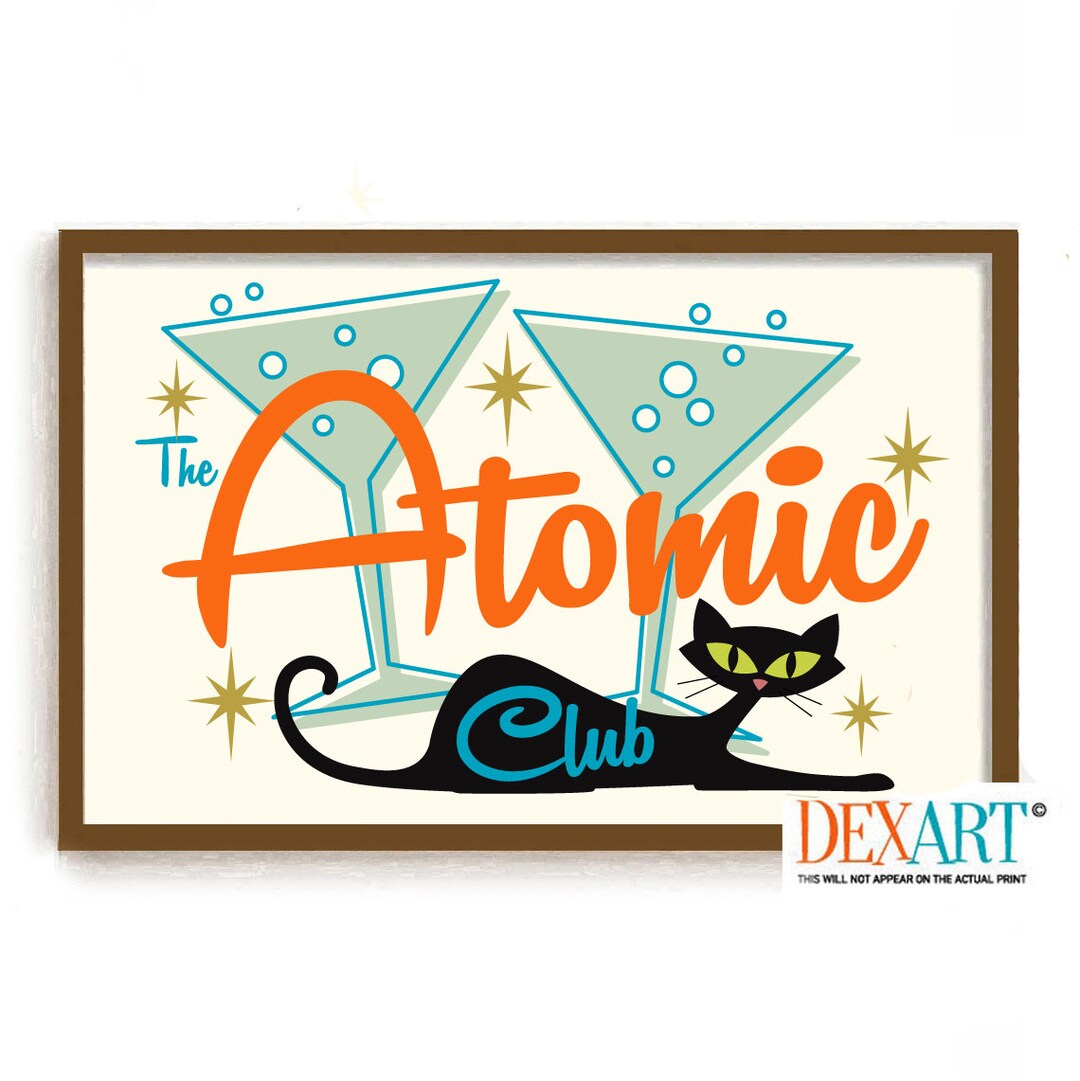 Retro Mid Century Modern Atomic Cat Cocktail Bar Wall Art Print, Black ...