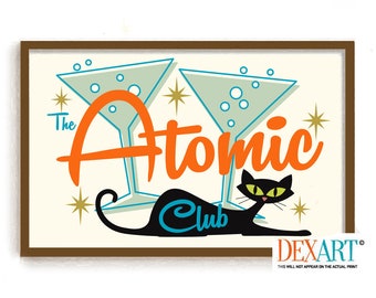 Retro Mid Century Modern Atomic Cat Cocktail Bar Wall Art Print, Black Cat, Martini Glass, Bartender Gift, Cat Lover Gift, Alcohol Wall Art