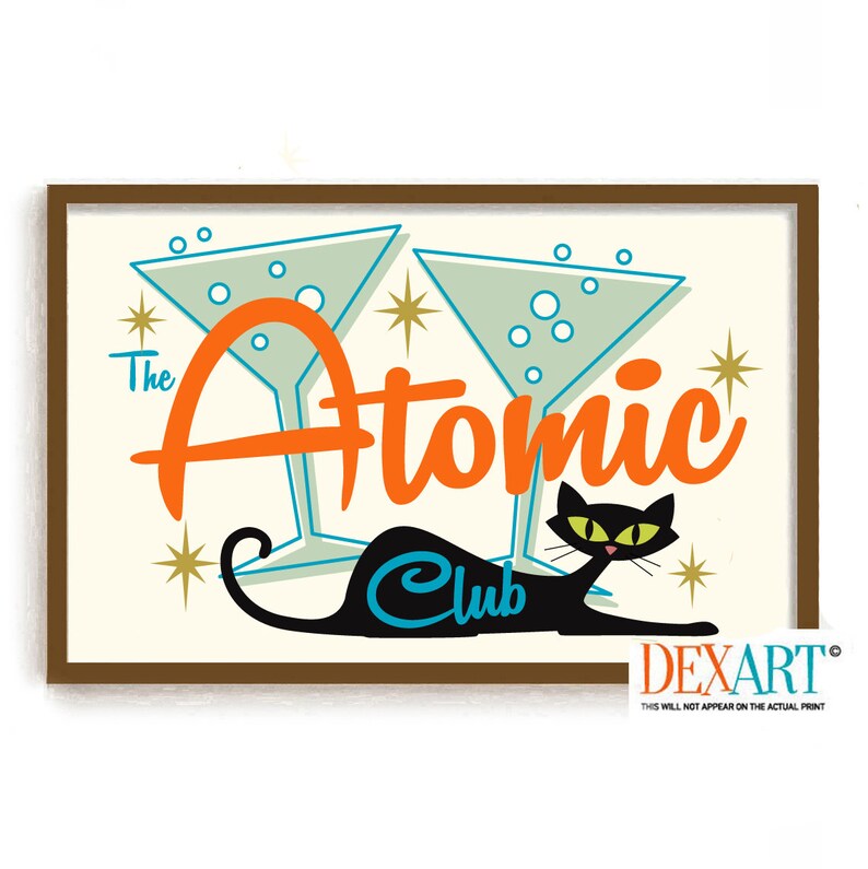 Retro Mid Century Modern Atomic Cat Cocktail Bar Wall Art Print, Black ...