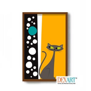 Mid Century Cat Art Print, Atomic Gray Tabby Cat Wall Art, Cat Lover Gift, Modernist Wall Decor, Abstract Pattern, Danish Modern