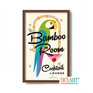 Parrot Art Print Tiki Sign, Bamboo Decor, Mid Century Modern Wall Art, Cocktail Sign, Tiki Bar Poster, Atomic Art, Rat Pack, Martini Glass