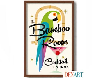 Parrot Art Print Tiki Sign, Bamboo Decor, Mid Century Modern Wall Art, Cocktail Sign, Tiki Bar Poster, Atomic Art, Rat Pack, Martini Glass