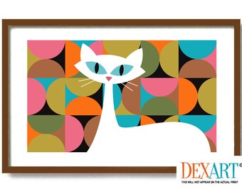 Mid Century Modern Cat Art Print, Atomic Cat Wall Art, Cat Lover Gift, Modernist Wall Decor, White Cat Art, Danish Modern