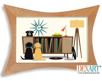 Mid Century Modern Art Print Black Dog Lover Gift, Retro Sideboard, Black Lab, Vinyl Record Storage, Record Player, Black Labrador Retriever