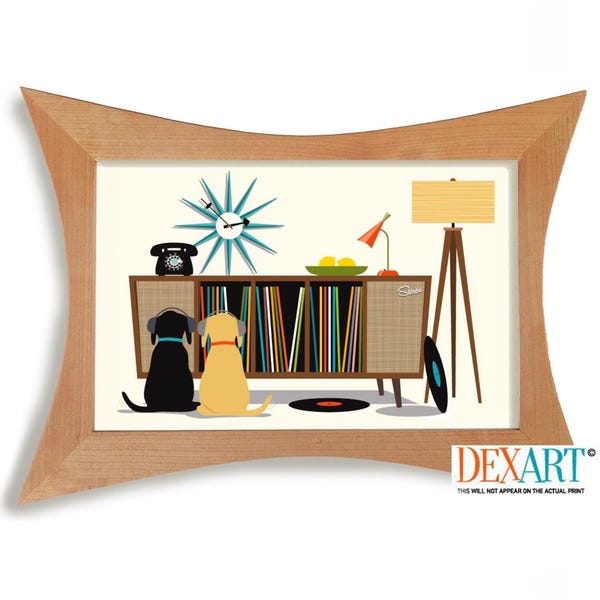 Mid Century Modern Dog Art Print, Retro Record Player Sideboard