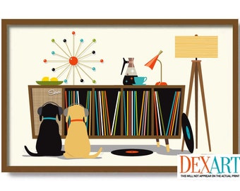 Mid Century Modern Art Print, Black and Yellow Dog Lover Gift, Retro Sideboard, Vinyl Record Storage, Record Player, Labrador Retriever