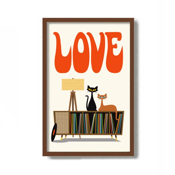 Love Art, Mid Century Modern Art, Couples Gift, Retro Sideboard, Pop Art Print, Cat Lover Gift, Vinyl Record Storage, Record Player