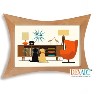 Lámina artística de estilo moderno de mediados de siglo con diseño de perro, decoración retro para tocadiscos, arte mural atómico, labrador retriever, labrador amarillo y negro, decoración de audio