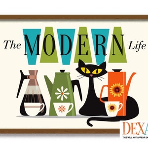 Atomic Cat Art Prints, Mid Century Modern Kitchen Art, Coffee Bar Sign, Black Cat Art, Coffee Lover Gift, Retro Coffee Pot