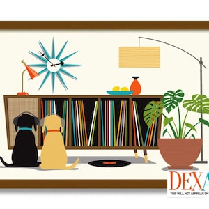 Mid Century Modern Art Print, Black Dog Lover Gift, Retro Sideboard, Black Lab, Vinyl Record Storage, Record Player, Labrador Retriever