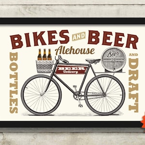 Beer Lover Gift for Men, Bike Sign Beer Art Print Bicycle Gift Beer Poster Bike Gift Art Print Man Cave Lager Artwork Biking Art