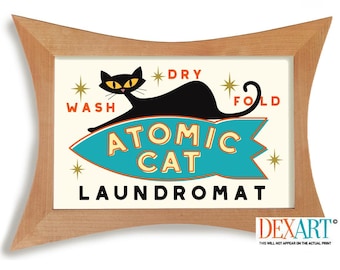 Laundry Room Decor Cat Wall Art Print, Atomic Cat Mid Century Modern Art, Retro Wall Art Blue Cat Art, Cat Mom, Laundry Sign Washing Machine