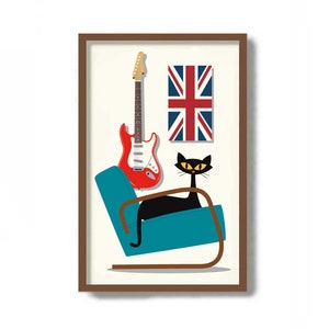 Mid Century Modern Art, Man Cave, Tank Chair, Cat Lover Gift, Rock Music, Danish Modern, Black Cat Art, Electric Guitar Hanger