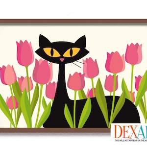 Cat and Tulips Art Print Black Cat Wall Decor Cats and Flowers Gardening Gardener Gift Mid Century Modern Art Print Cat Lover Gift