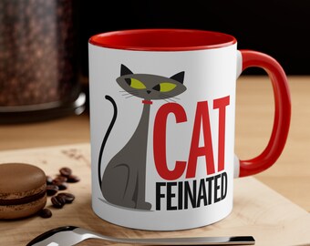 Funny Cat Mug, Atomic Cat Coffee Mug, Mid Century Modern Tabby Cat, Caffeine Cat, Cat Lover Gift, Coffee Drinker, 11oz, Cat Person