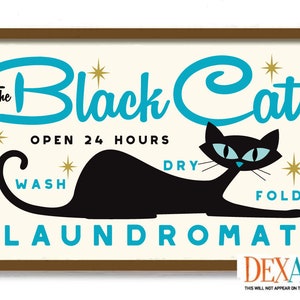 Mid Century Modern Wall Cat Art Laundry Print, Laundry Room Decor Cat Wall Art, Atomic Black Cat Art, Cat Mom, Laundry Sign, Washing Machine