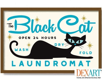 Mid Century Modern Wall Cat Art Laundry Print, Laundry Room Decor Cat Wall Art, Atomic Black Cat Art, Cat Mom, Laundry Sign, Washing Machine