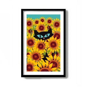 Impression d'art décoration murale tournesol, art de chat noir, féerique chat de jardin, cadeau jardinage, cadeau jardinier, impression d'art moderne Mid-Century, cadeau pour amoureux des chats