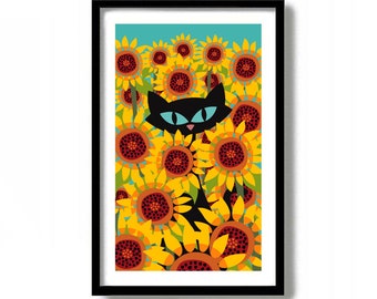 Sunflower Wall Decor Art Print, Black Cat Art, Fairy Garden Cat, Gardening Gift, Gardener Gift, Mid Century Modern Art Print, Cat Lover Gift