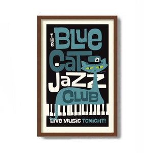 Jazz Poster, Mid Century Modern Art, Russian Blue Cat Art Print, New Orleans, Cat Poster, Cat Lover Gift, Vinyl LP, Night Club