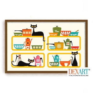 May include: A retro kitchen print featuring a yellow, orange, green, and blue color scheme. The print depicts a set of shelves with various kitchen items, including bowls, pots, and teapots. Two black cats are perched on the shelves, adding a playful touch to the design.