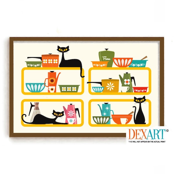 Atomic Cat and Kitchen Wall Art Print, Mid Century Modern Decor, Black Cats, Colorful Glass Bowls, Cat Lover Gift Idea, Kitchen Art Print