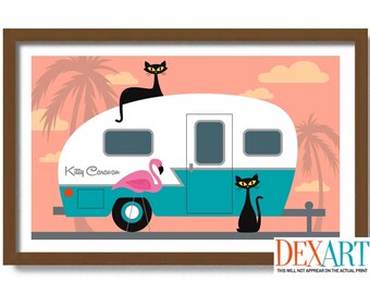 Mid Century Modern Wall Art Print, Pink Flamingo Decor, RV Camper Trailer Park, Black Cat Art Print, Palm Springs Poster, Cat Lover Gift
