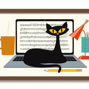 Black Cat Art Print, Home Office Decor, Mid Century Modern Art, Cat Lover Gift, Bedroom Decor, Work from Home