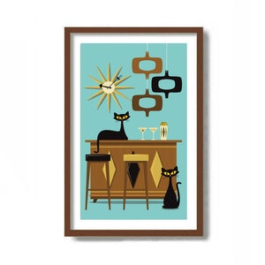 Mid Century Modern Art, Cocktail Bar Sign, Bartender Gift, Bar Cart Decor, Cat Lover Gift, Black Cat Art Print, Cocktail Shaker