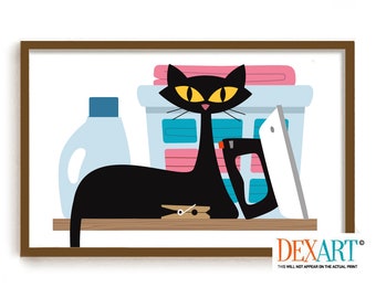Laundry Room Decor Cat Wall Art Print, Mid Century Modern, Atomic Cat, Steam Iron, Retro Black Cat, Cat Mom, Laundry Sign Washing Machine