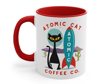 Atomic Cat Mug, Ceramic Coffee Mug, Rocket Ship, Coffee Drinker, Mid Century Modern, Vintage Space Age, Martian Southwestern Art Decor