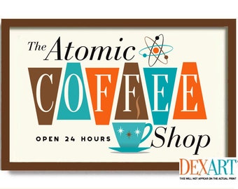 May include: A retro-style illustration of a coffee shop sign with the text "The Atomic Coffee Shop" in a brown frame. The word "Coffee" is in colorful triangular shapes with a stylized atom symbol above it. The text "Open 24 Hours" is below the word "Coffee".